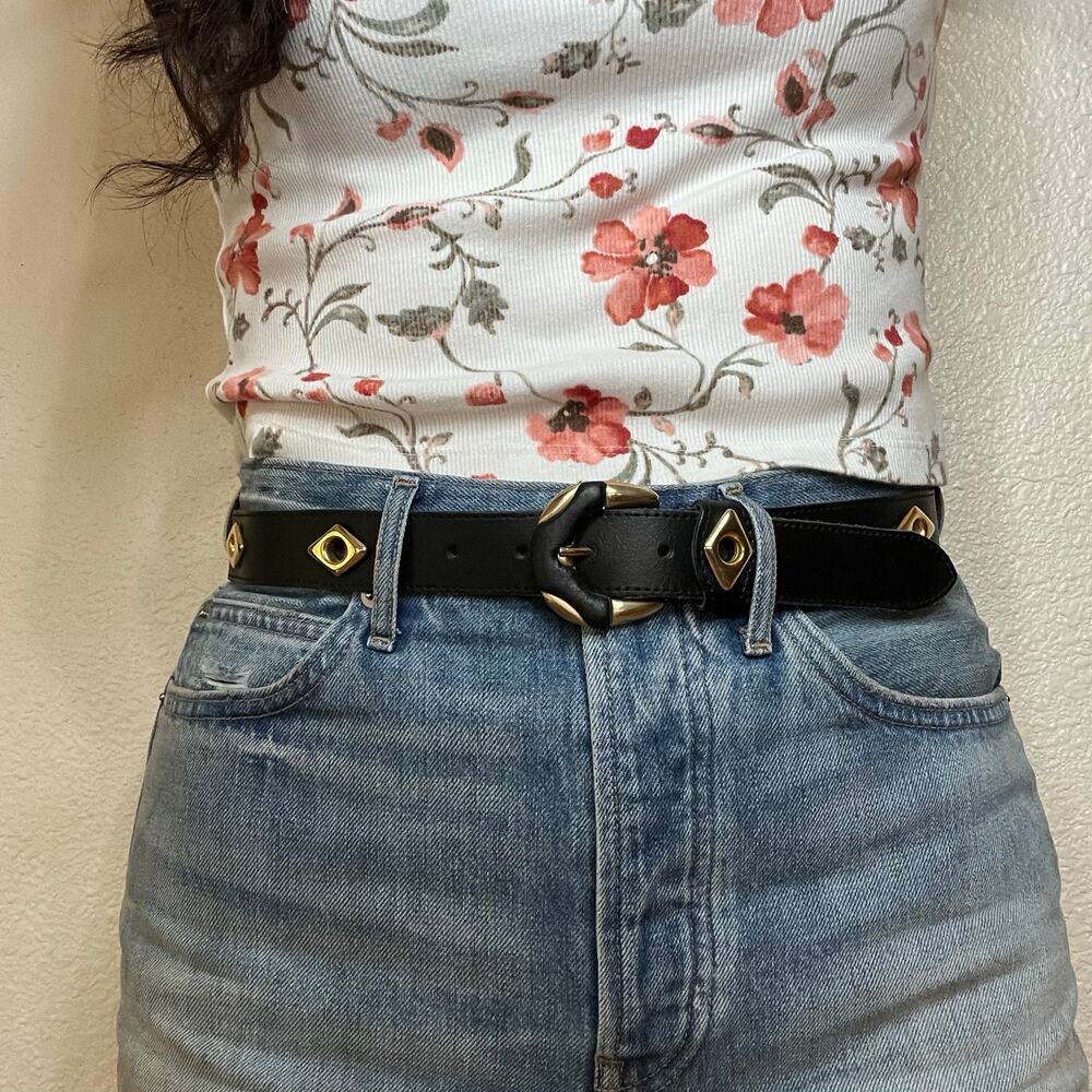 Belt black leather gold diamond studded Vera pelle 36.5” long